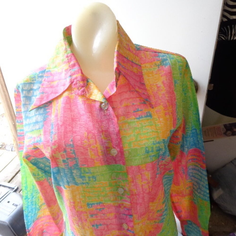 Vtg 60s 70s Golden Rose PASTEL ls SHEER Pink Green Blue Blouse 36 Hong Kong FLAW